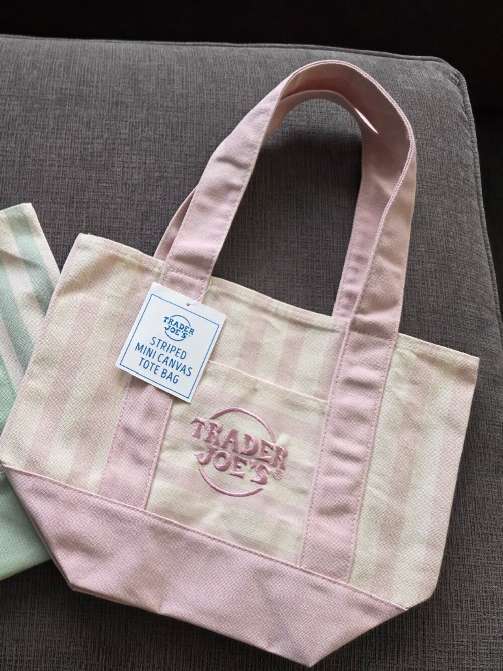 Trader Joe's 2 NEW MINIs- Pastel Pink/Cream AND Mint Striped Canvas Totes- NWT! - Picture 12 of 12
